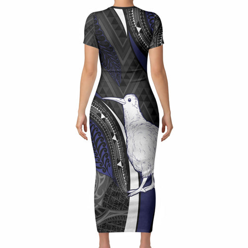 Personalised New Zealand Kiwi Short Sleeve Bodycon Dress Silver Fern Tribal Pattern