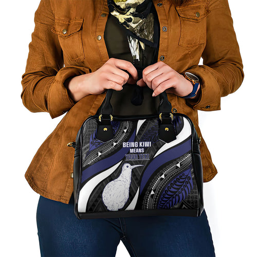 Personalised New Zealand Kiwi Shoulder Handbag Silver Fern Tribal Pattern