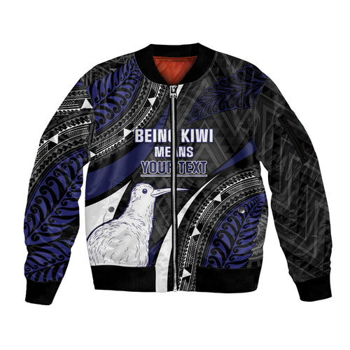 Personalised New Zealand Kiwi Sleeve Zip Bomber Jacket Silver Fern Tribal Pattern