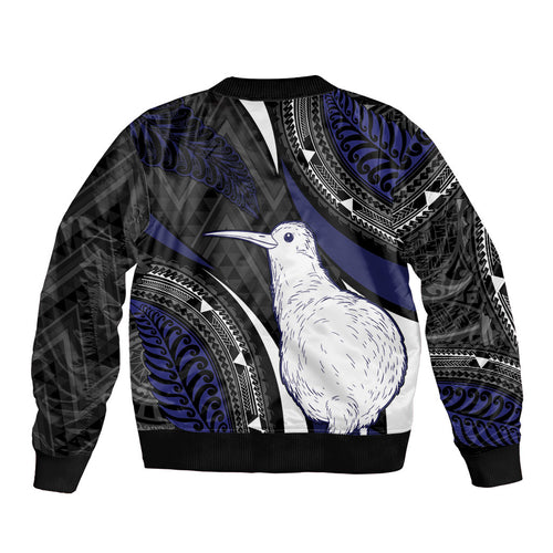 Personalised New Zealand Kiwi Sleeve Zip Bomber Jacket Silver Fern Tribal Pattern