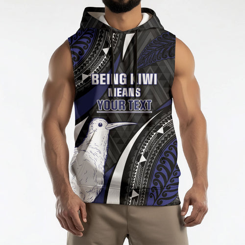 Personalised New Zealand Kiwi Sleeveless Hoodie Silver Fern Tribal Pattern