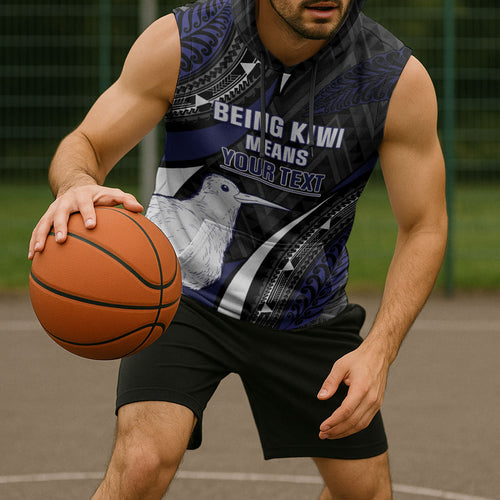 Personalised New Zealand Kiwi Sleeveless Hoodie Silver Fern Tribal Pattern