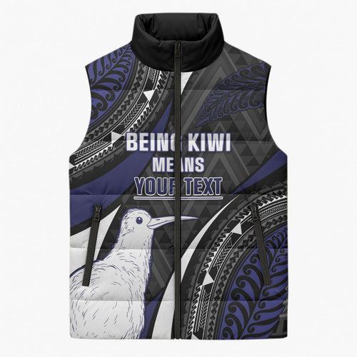 Personalised New Zealand Kiwi Sleeveless Puffer Jacket Silver Fern Tribal Pattern