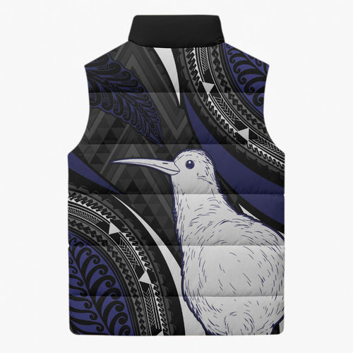 Personalised New Zealand Kiwi Sleeveless Puffer Jacket Silver Fern Tribal Pattern