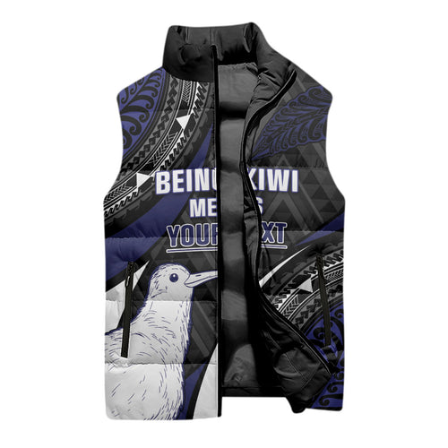 Personalised New Zealand Kiwi Sleeveless Puffer Jacket Silver Fern Tribal Pattern