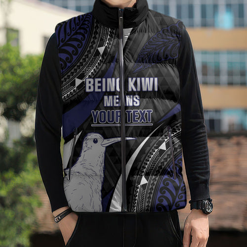 Personalised New Zealand Kiwi Sleeveless Puffer Jacket Silver Fern Tribal Pattern