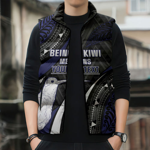 Personalised New Zealand Kiwi Sleeveless Puffer Jacket Silver Fern Tribal Pattern