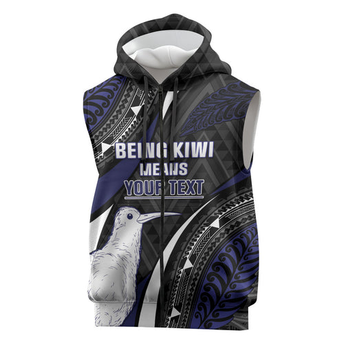 Personalised New Zealand Kiwi Sleeveless Zip Hoodie Silver Fern Tribal Pattern