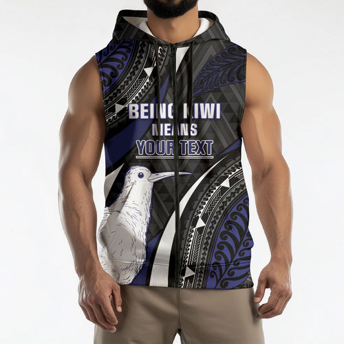 Personalised New Zealand Kiwi Sleeveless Zip Hoodie Silver Fern Tribal Pattern