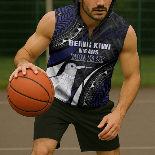 Personalised New Zealand Kiwi Sleeveless Zip Hoodie Silver Fern Tribal Pattern
