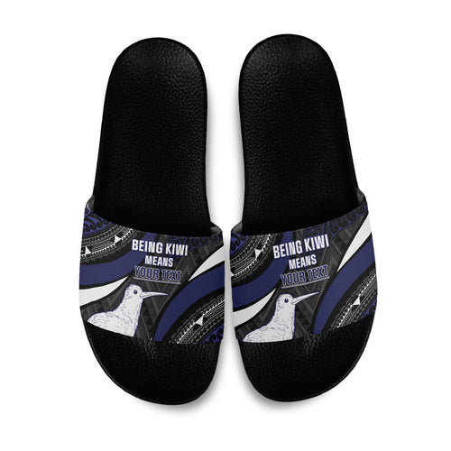 Personalised New Zealand Kiwi Slide Sandals Silver Fern Tribal Pattern