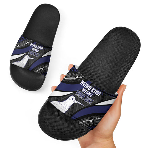 Personalised New Zealand Kiwi Slide Sandals Silver Fern Tribal Pattern