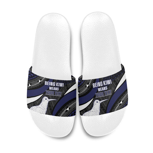 Personalised New Zealand Kiwi Slide Sandals Silver Fern Tribal Pattern