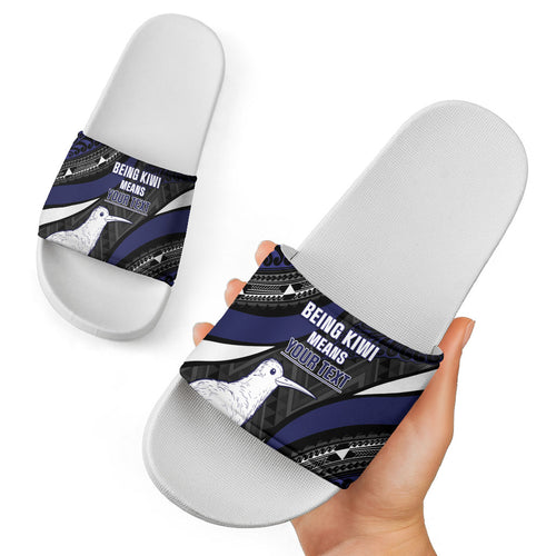 Personalised New Zealand Kiwi Slide Sandals Silver Fern Tribal Pattern