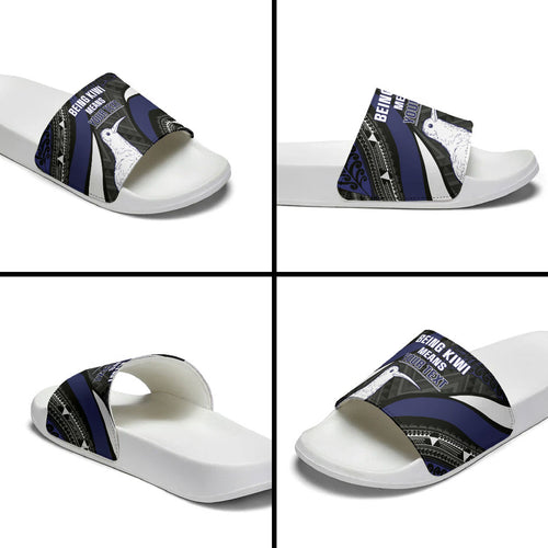 Personalised New Zealand Kiwi Slide Sandals Silver Fern Tribal Pattern