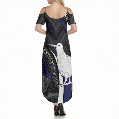 Personalised New Zealand Kiwi Summer Maxi Dress Silver Fern Tribal Pattern