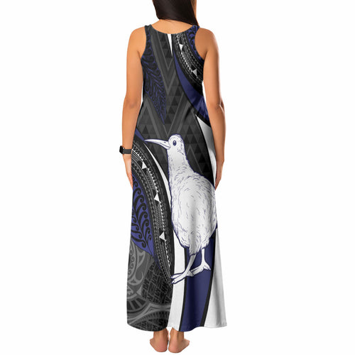 Personalised New Zealand Kiwi Tank Maxi Dress Silver Fern Tribal Pattern