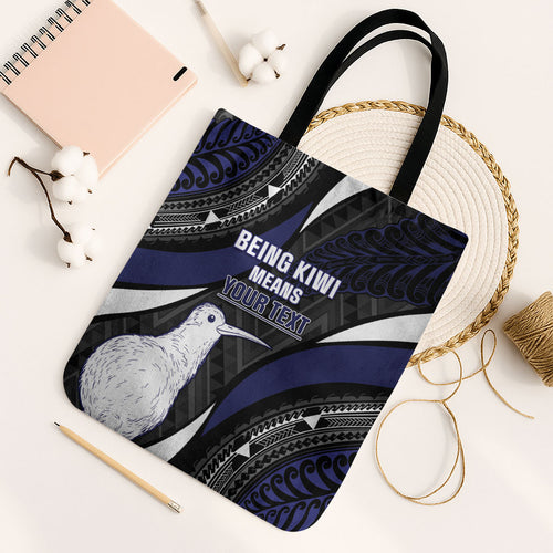 Personalised New Zealand Kiwi Tote Bag Silver Fern Tribal Pattern