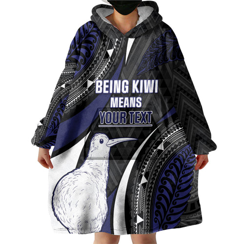 Personalised New Zealand Kiwi Wearable Blanket Hoodie Silver Fern Tribal Pattern
