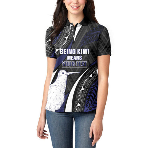 Personalised New Zealand Kiwi Women Polo Shirt Silver Fern Tribal Pattern