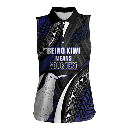 Personalised New Zealand Kiwi Women Sleeveless Polo Shirt Silver Fern Tribal Pattern