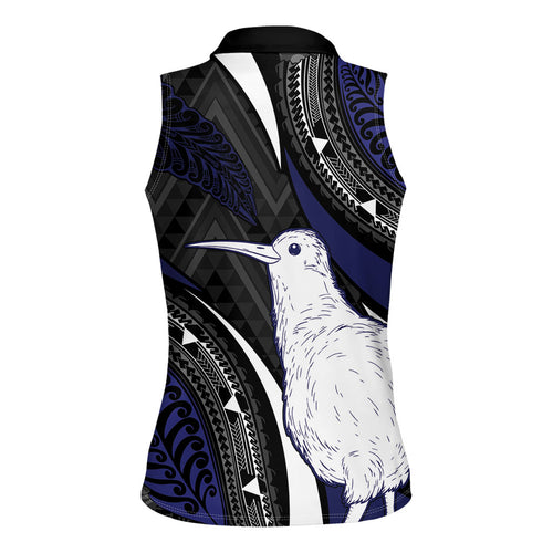 Personalised New Zealand Kiwi Women Sleeveless Polo Shirt Silver Fern Tribal Pattern