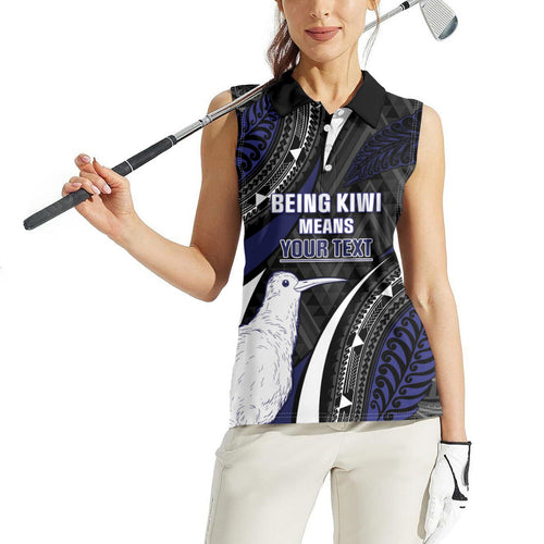 Personalised New Zealand Kiwi Women Sleeveless Polo Shirt Silver Fern Tribal Pattern