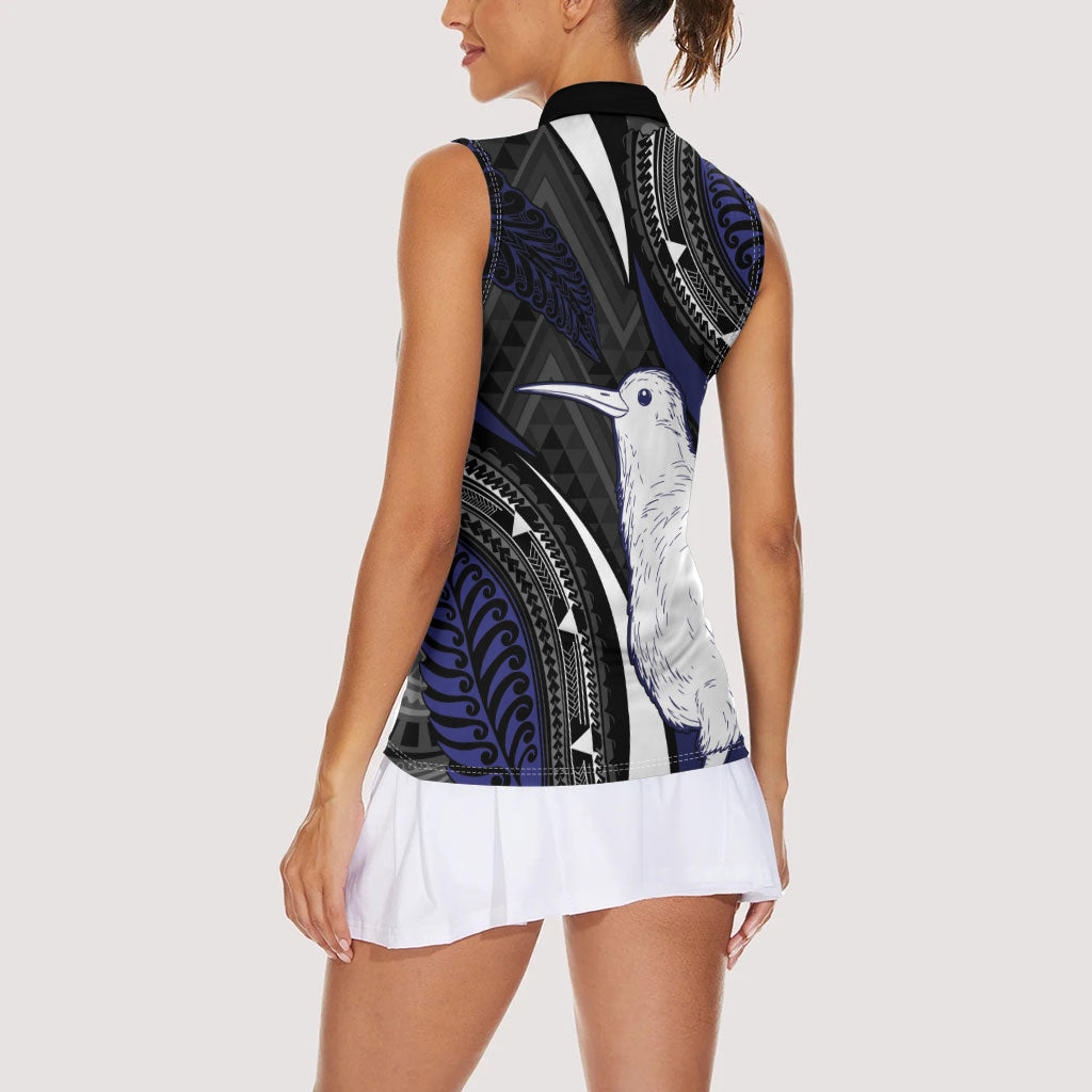 Personalised New Zealand Kiwi Women Sleeveless Polo Shirt Silver Fern Tribal Pattern