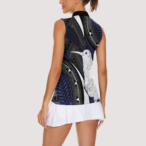 Personalised New Zealand Kiwi Women Sleeveless Polo Shirt Silver Fern Tribal Pattern