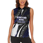Personalised New Zealand Kiwi Women Sleeveless Polo Shirt Silver Fern Tribal Pattern