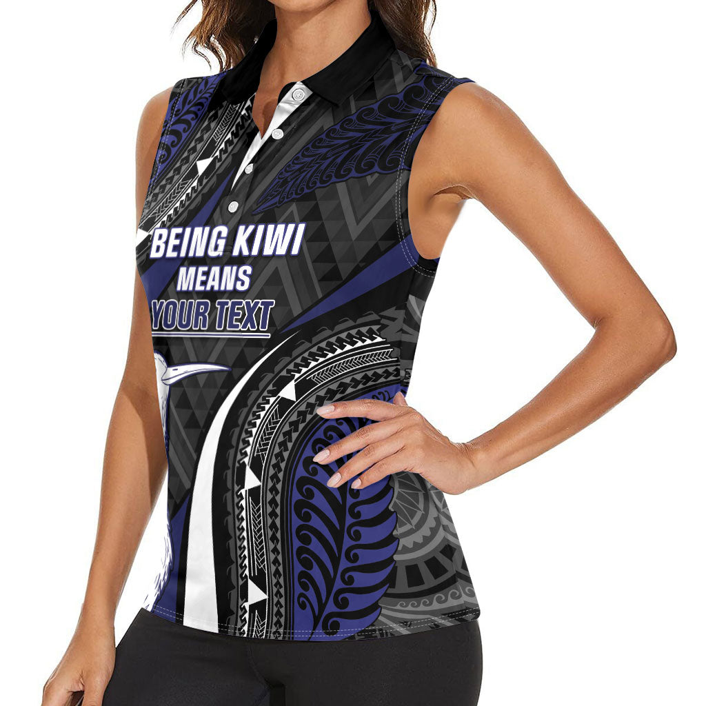 Personalised New Zealand Kiwi Women Sleeveless Polo Shirt Silver Fern Tribal Pattern