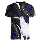 Personalised New Zealand Kiwi Women V-Neck T-Shirt Silver Fern Tribal Pattern