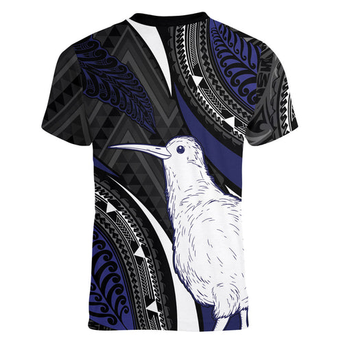 Personalised New Zealand Kiwi Women V-Neck T-Shirt Silver Fern Tribal Pattern