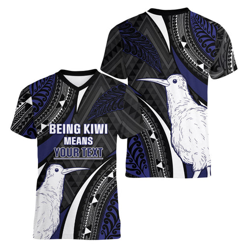Personalised New Zealand Kiwi Women V-Neck T-Shirt Silver Fern Tribal Pattern