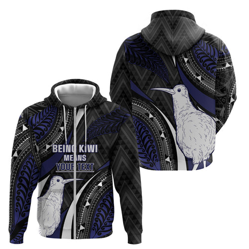 Personalised New Zealand Kiwi Zip Hoodie Silver Fern Tribal Pattern