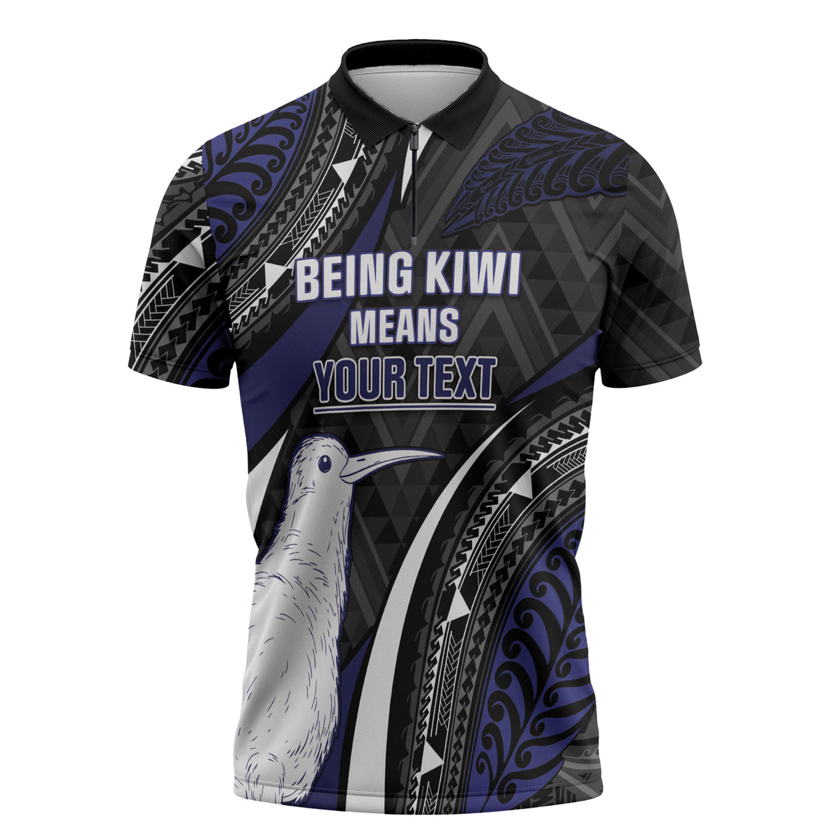 Personalised New Zealand Kiwi Zipper Polo Shirt Silver Fern Tribal Pattern