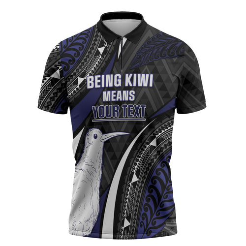 Personalised New Zealand Kiwi Zipper Polo Shirt Silver Fern Tribal Pattern