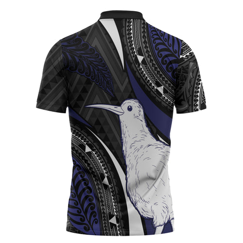 Personalised New Zealand Kiwi Zipper Polo Shirt Silver Fern Tribal Pattern