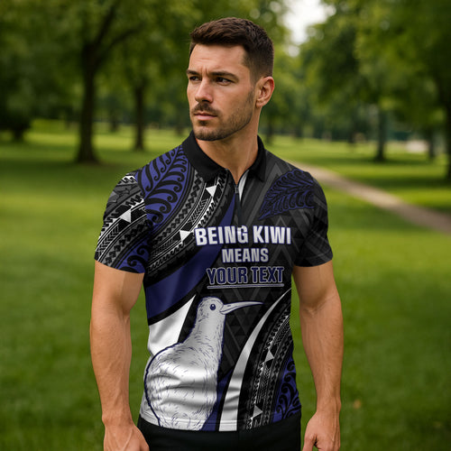 Personalised New Zealand Kiwi Zipper Polo Shirt Silver Fern Tribal Pattern