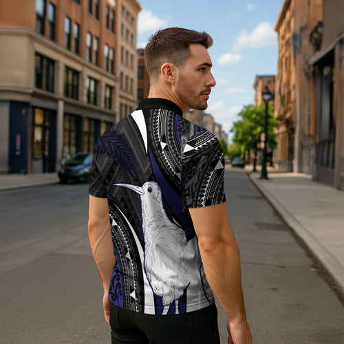 Personalised New Zealand Kiwi Zipper Polo Shirt Silver Fern Tribal Pattern