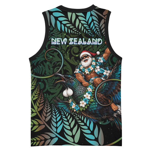 New Zealand Christmas Basketball Jersey Santa Riding Tui Bird Silver Fern