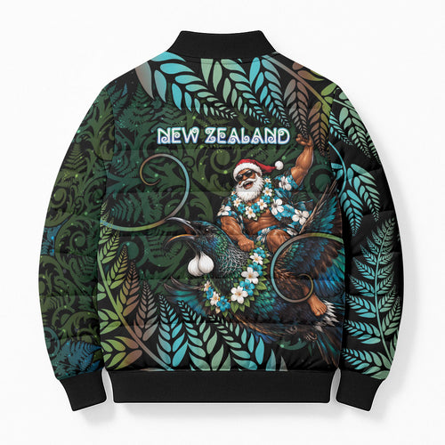 New Zealand Christmas Bomber Puffer Jacket Santa Riding Tui Bird Silver Fern