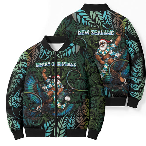 New Zealand Christmas Bomber Puffer Jacket Santa Riding Tui Bird Silver Fern