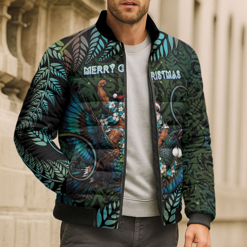 New Zealand Christmas Bomber Puffer Jacket Santa Riding Tui Bird Silver Fern