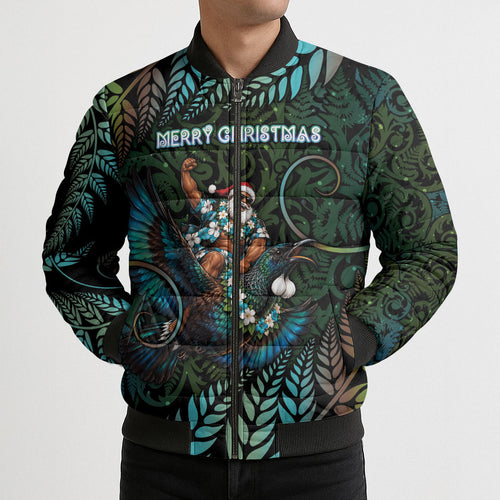 New Zealand Christmas Bomber Puffer Jacket Santa Riding Tui Bird Silver Fern