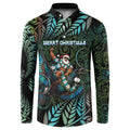 New Zealand Christmas Button Sweatshirt Santa Riding Tui Bird Silver Fern
