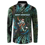 New Zealand Christmas Button Sweatshirt Santa Riding Tui Bird Silver Fern