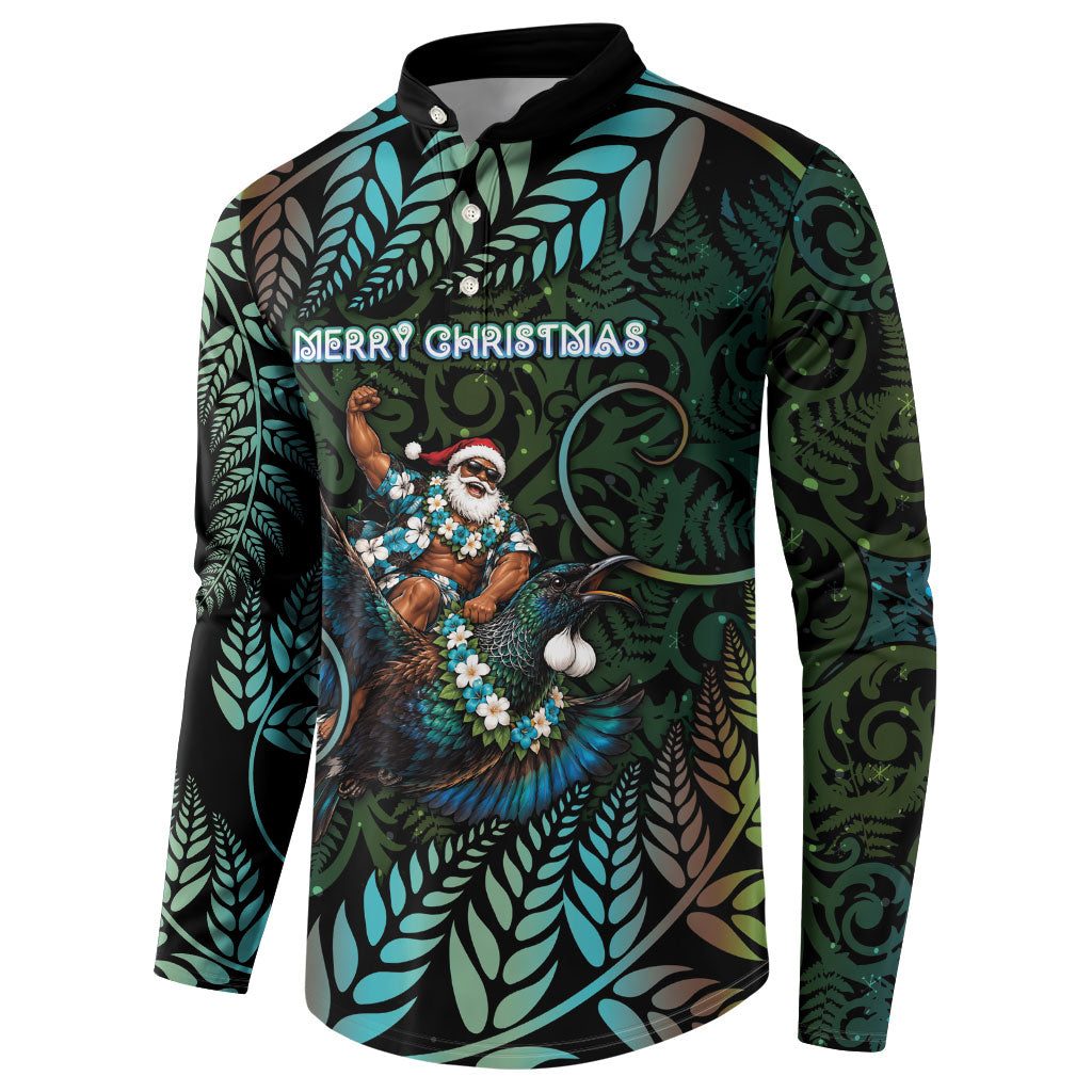 New Zealand Christmas Button Sweatshirt Santa Riding Tui Bird Silver Fern