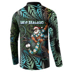 New Zealand Christmas Button Sweatshirt Santa Riding Tui Bird Silver Fern