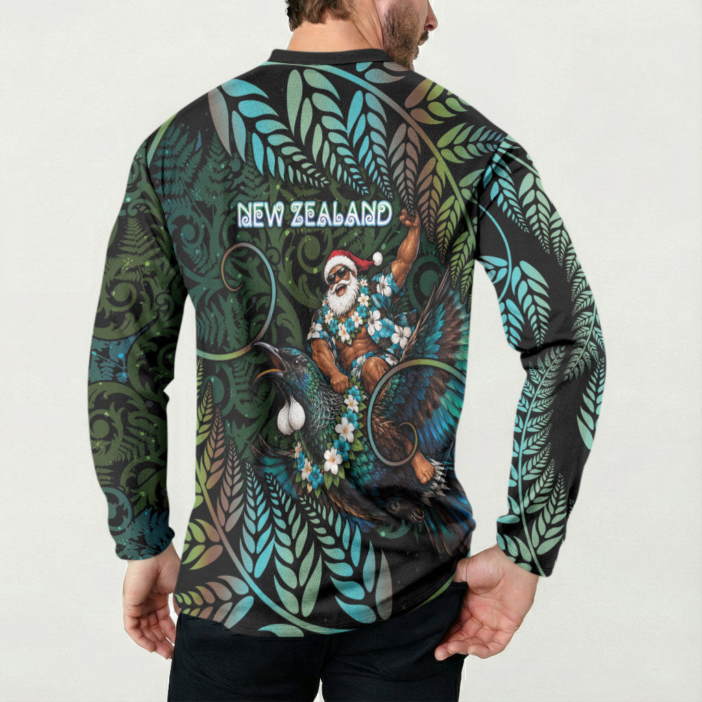 New Zealand Christmas Button Sweatshirt Santa Riding Tui Bird Silver Fern
